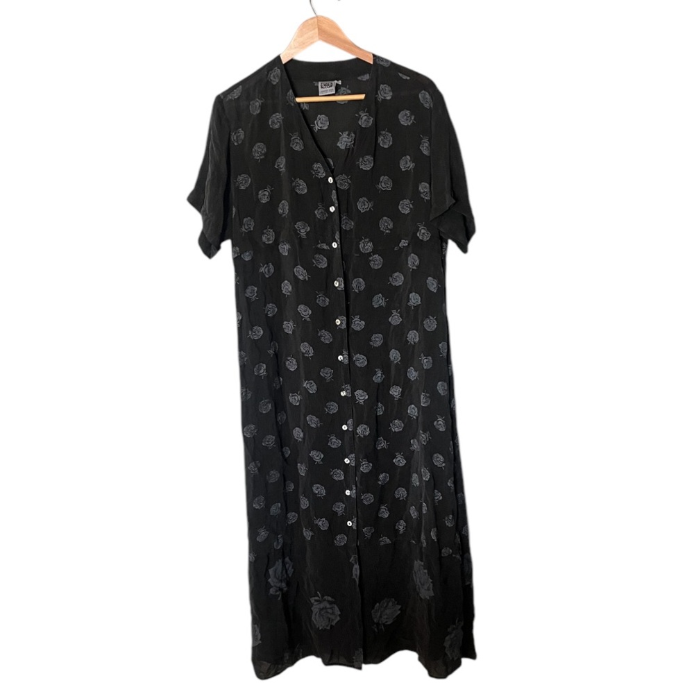 Johnny Was Black Maxi Dress with Subtle Gray Floral Print